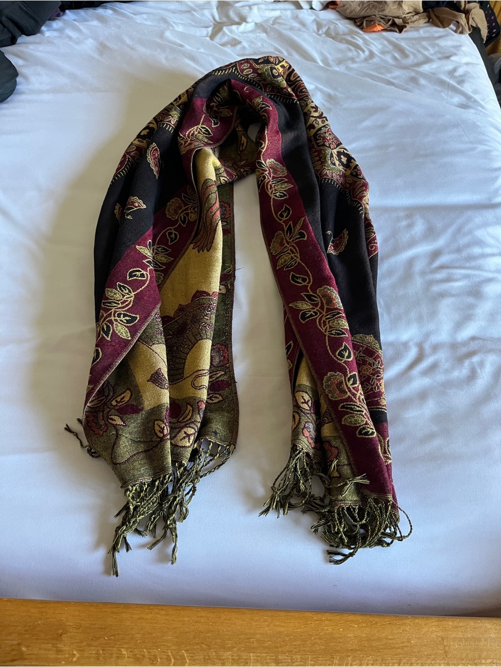 Floral Jacquard Fringed Wrap Scarf in Burgundy, Olive & Black